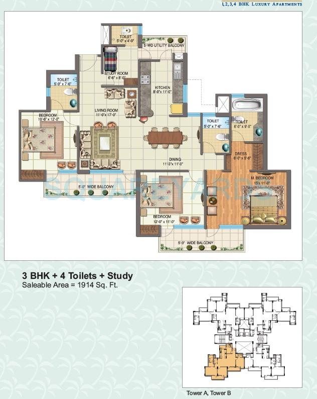 Floor plan of 3 BHK 1914 Sq. Ft. Apartment in Nimbus The Golden Palm, Noida
