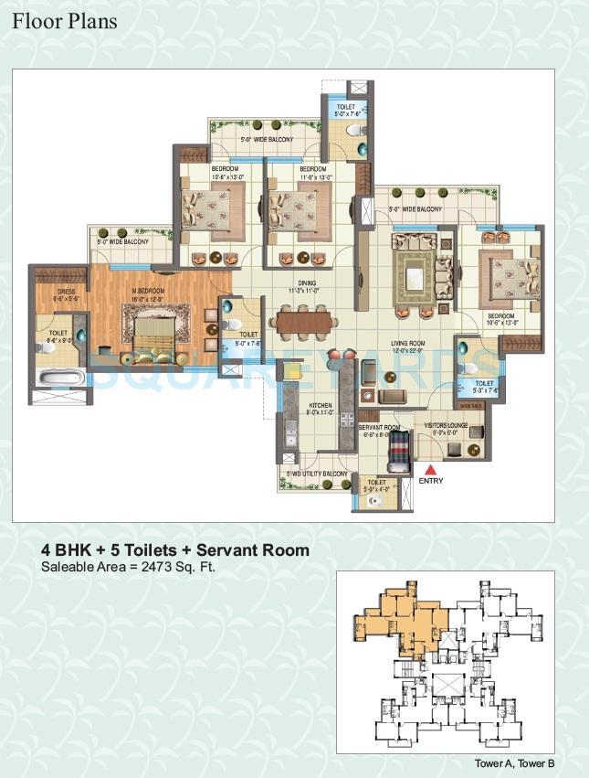 Floor plan of 4 BHK 2473 Sq. Ft. Apartment in Nimbus The Golden Palm, Noida