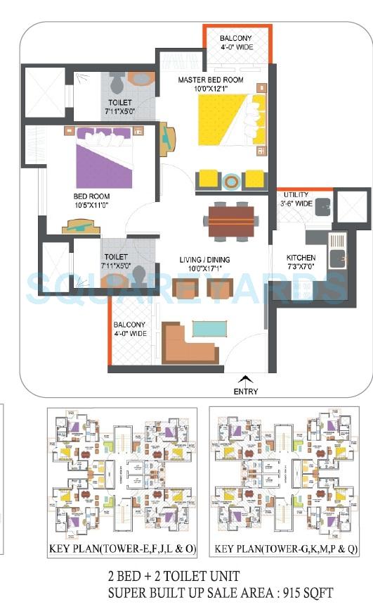 Floor plan of 2 BHK 915 Sq. Ft. Apartment in Nimbus The Hyde park, Noida
