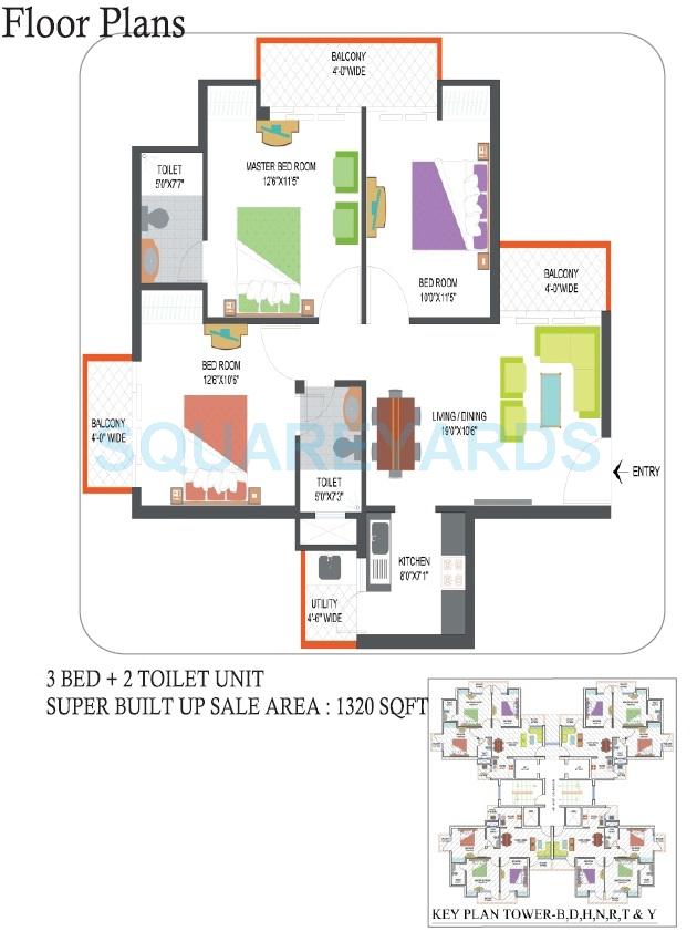 Floor plan of 3 BHK 1320 Sq. Ft. Apartment in Nimbus The Hyde park, Noida