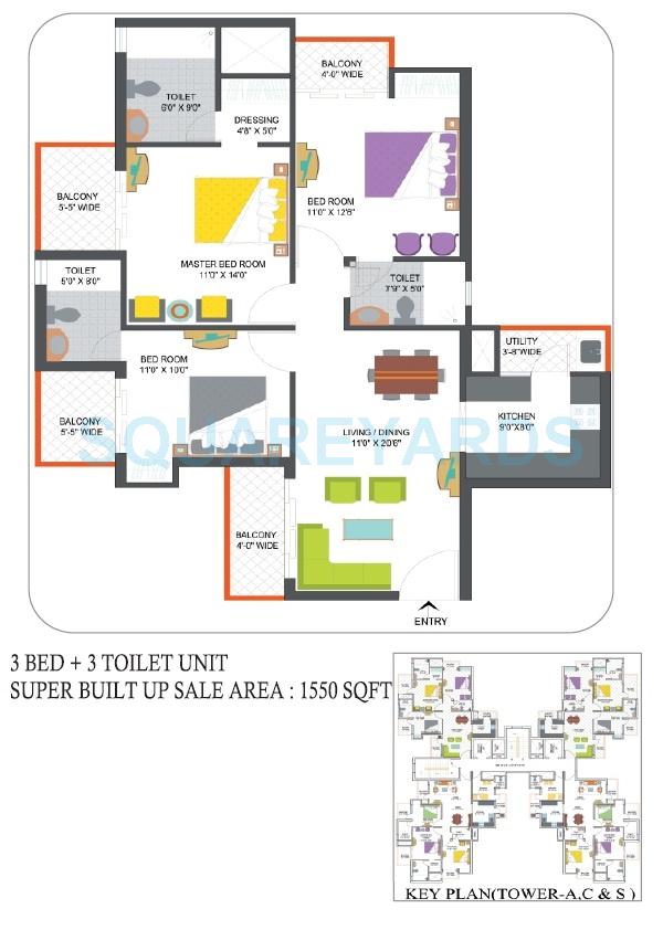 Floor plan of 3 BHK 1550 Sq. Ft. Apartment in Nimbus The Hyde park, Noida