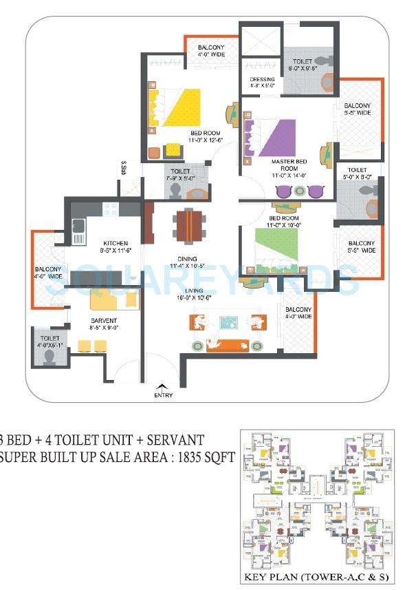 Floor plan of 3 BHK 1835 Sq. Ft. Apartment in Nimbus The Hyde park, Noida
