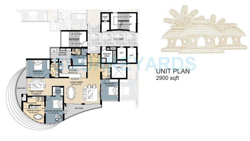 Floor plan of 3 BHK 2900 Sq. Ft. Apartment in Omaxe Forest Spa, Noida
