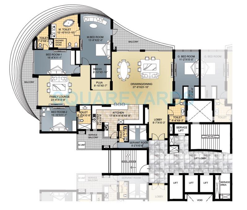 Floor plan of 4 BHK 3550 Sq. Ft. Apartment in Omaxe Forest Spa, Noida
