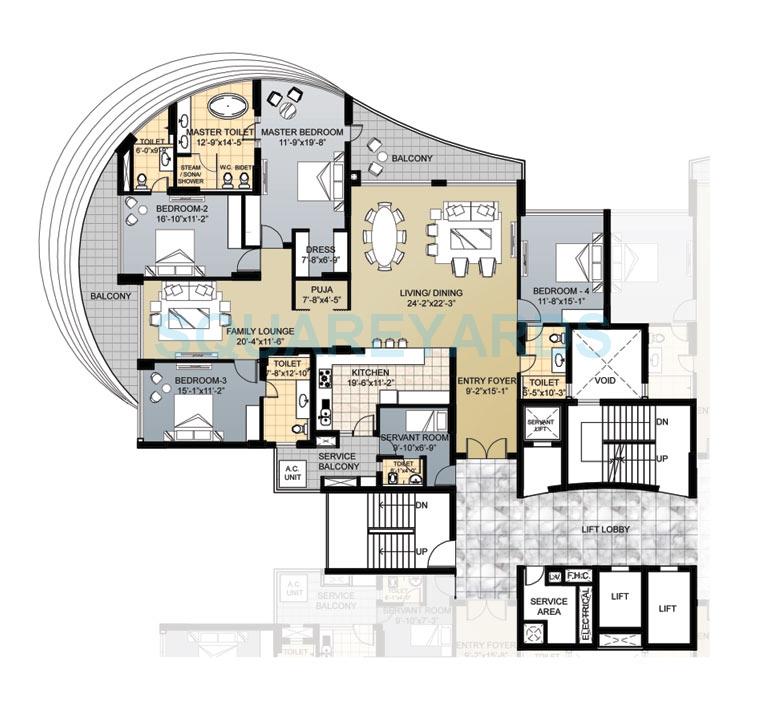Floor plan of 4 BHK 4150 Sq. Ft. Apartment in Omaxe Forest Spa, Noida