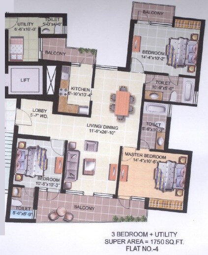 Floor plan of 3 BHK 1750 Sq. Ft. Apartment in Omaxe Galaxy, Noida