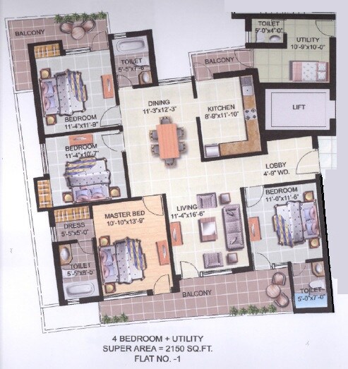Floor plan of 4 BHK 2150 Sq. Ft. Apartment in Omaxe Galaxy, Noida