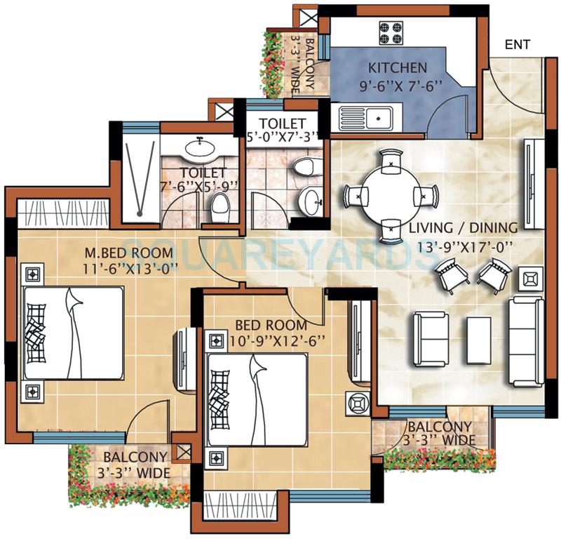 Floor plan of 2 BHK 1110 Sq. Ft. Apartment in Omaxe Grand, Noida