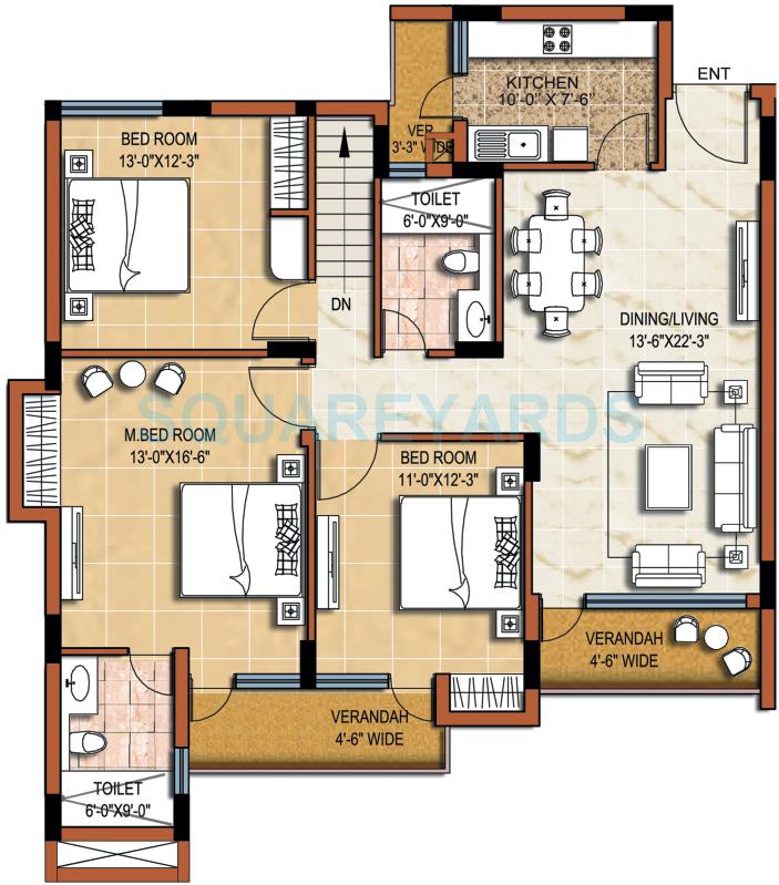 Floor plan of 3 BHK 1625 Sq. Ft. Apartment in Omaxe Grand, Noida