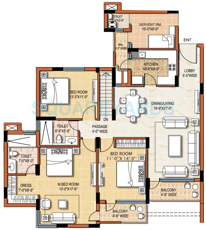 Floor plan of 3 BHK 1940 Sq. Ft. Apartment in Omaxe Grand, Noida