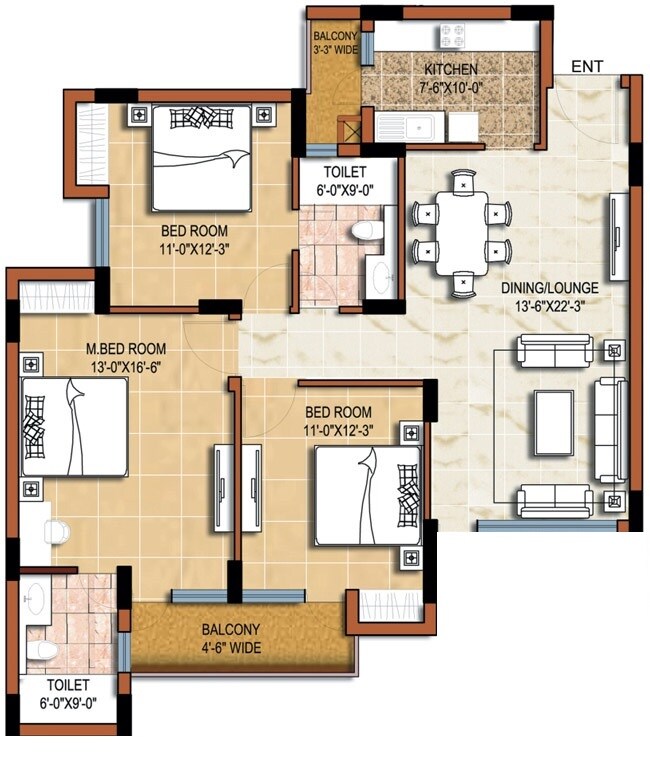 Floor plan of 3 BHK 1600 Sq. Ft. Apartment in Omaxe Greenwood, Noida