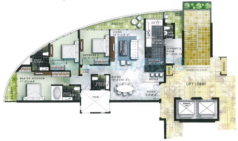 Floor plan of 3 BHK 2150 Sq. Ft. Apartment in Omaxe Twin Towers, Noida