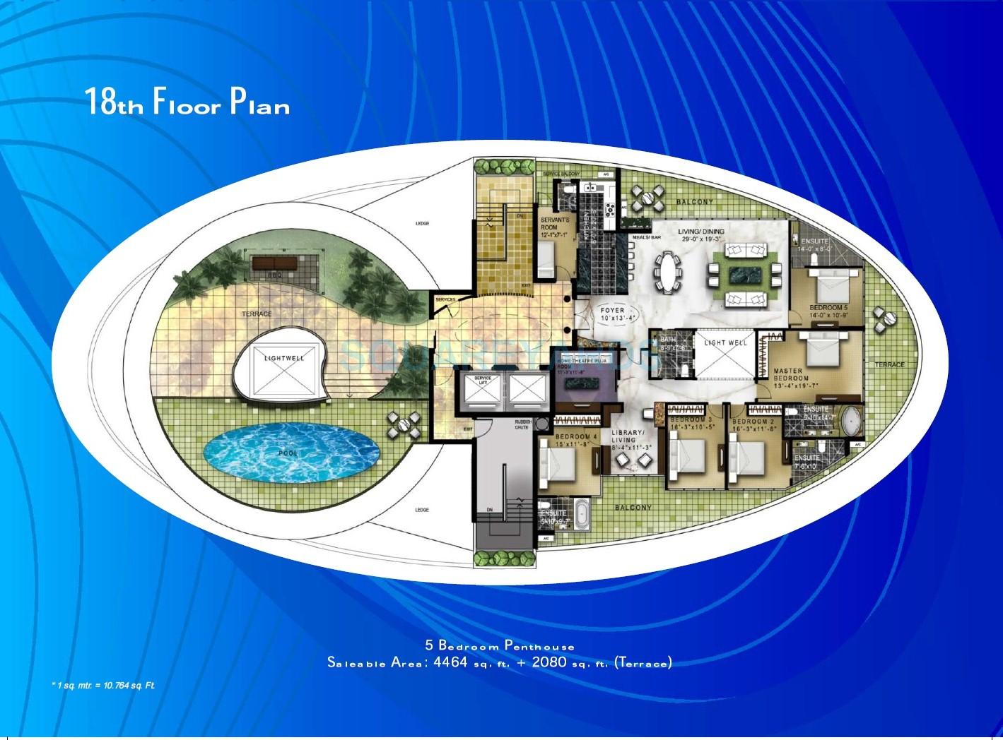 Floor plan of 5 BHK 4464 Sq. Ft. Penthouse in Omaxe Twin Towers, Noida