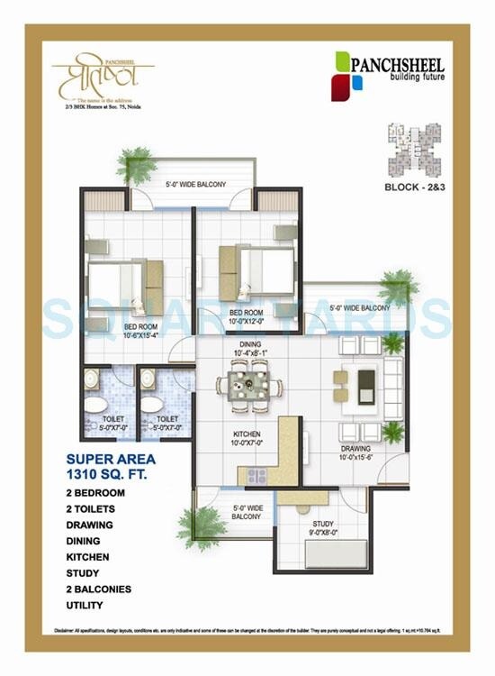 Floor plan of 2 BHK 1310 Sq. Ft. Apartment in Panchsheel Pratistha, Noida