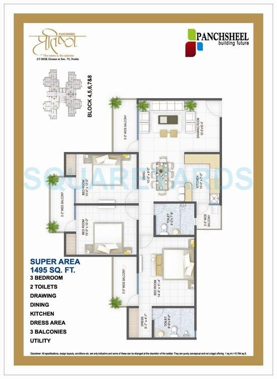 Floor plan of 3 BHK 1495 Sq. Ft. Apartment in Panchsheel Pratistha, Noida