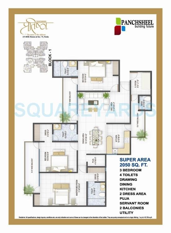 Floor plan of 3 BHK 2050 Sq. Ft. Apartment in Panchsheel Pratistha, Noida