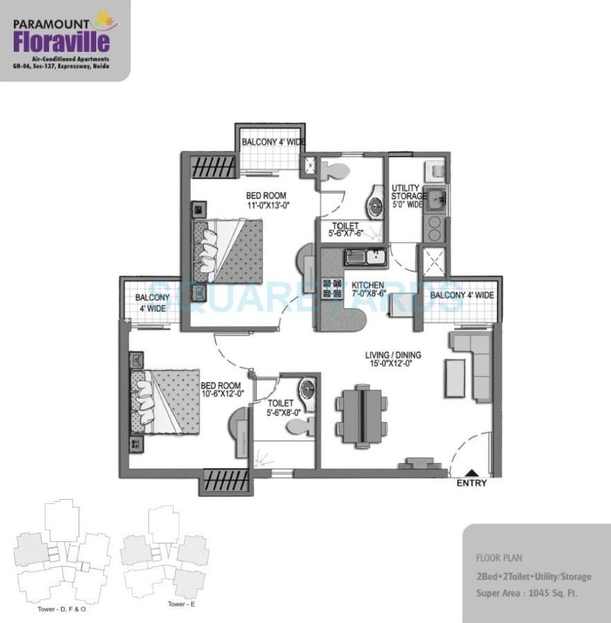 Floor plan of 2 BHK 1045 Sq. Ft. Apartment in Paramount Floraville, Noida