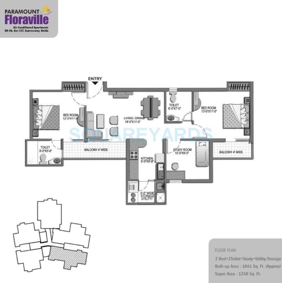 Floor plan of 2 BHK 1240 Sq. Ft. Apartment in Paramount Floraville, Noida