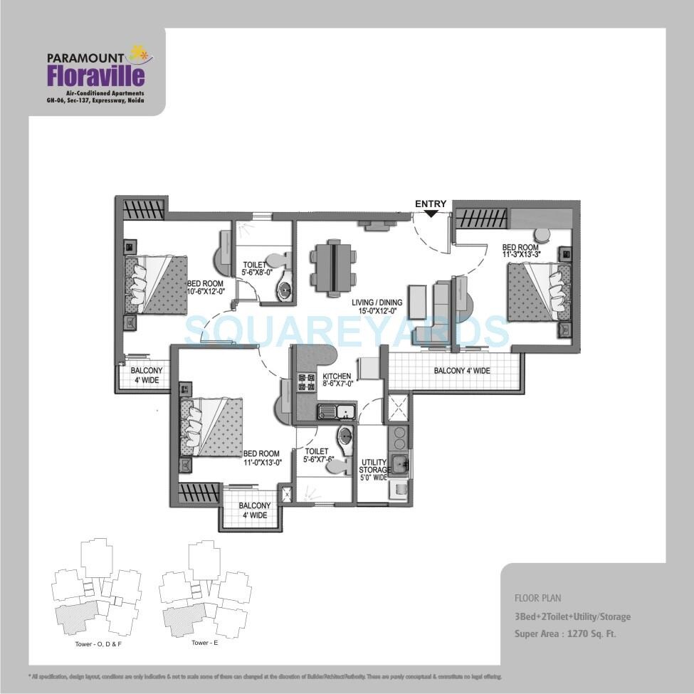 Floor plan of 3 BHK 1270 Sq. Ft. Apartment in Paramount Floraville, Noida