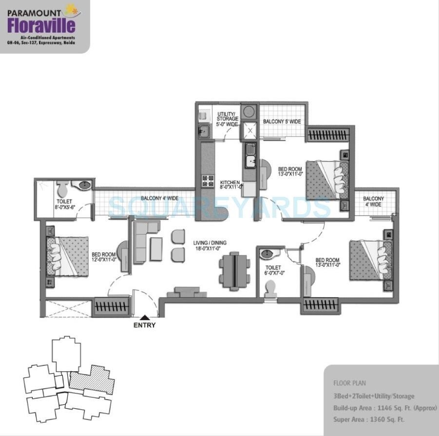 Floor plan of 3 BHK 1360 Sq. Ft. Apartment in Paramount Floraville, Noida