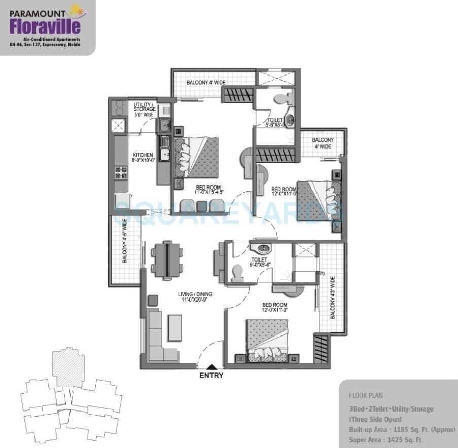 Floor plan of 3 BHK 1425 Sq. Ft. Apartment in Paramount Floraville, Noida