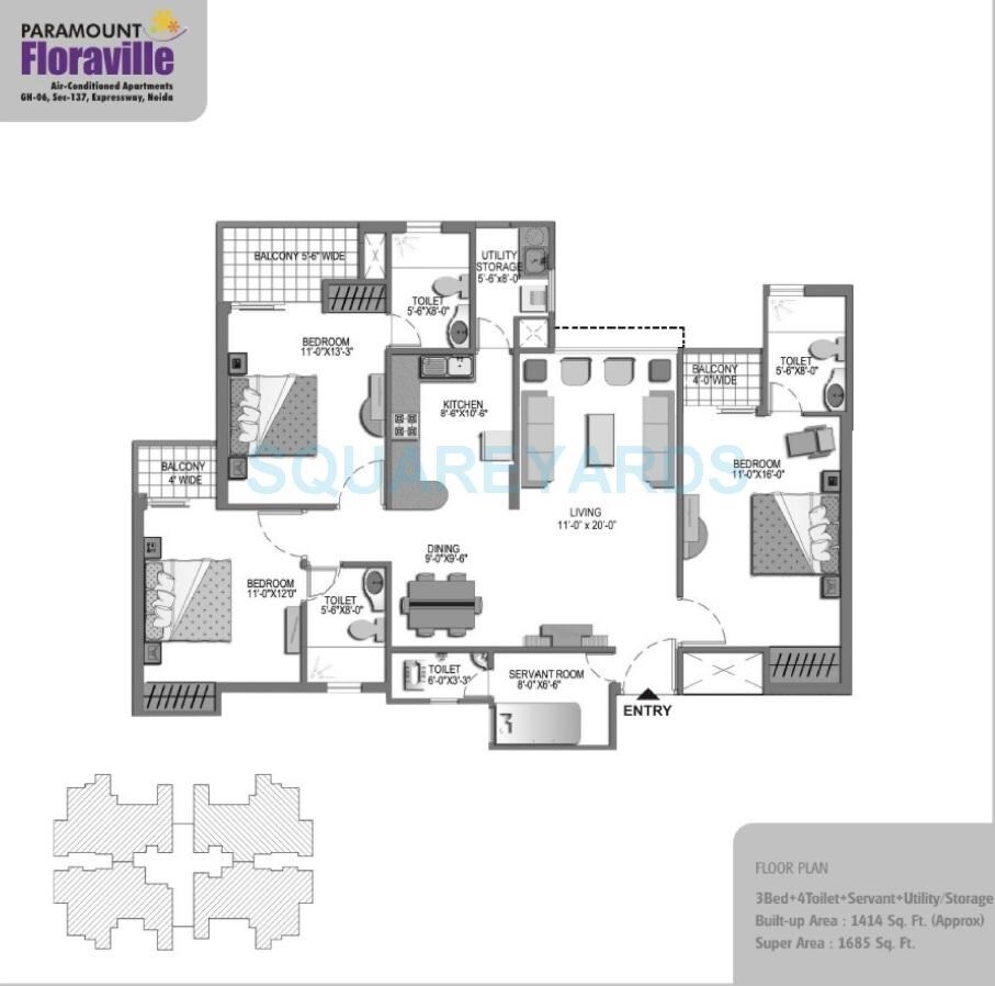 Floor plan of 3 BHK 1685 Sq. Ft. Apartment in Paramount Floraville, Noida