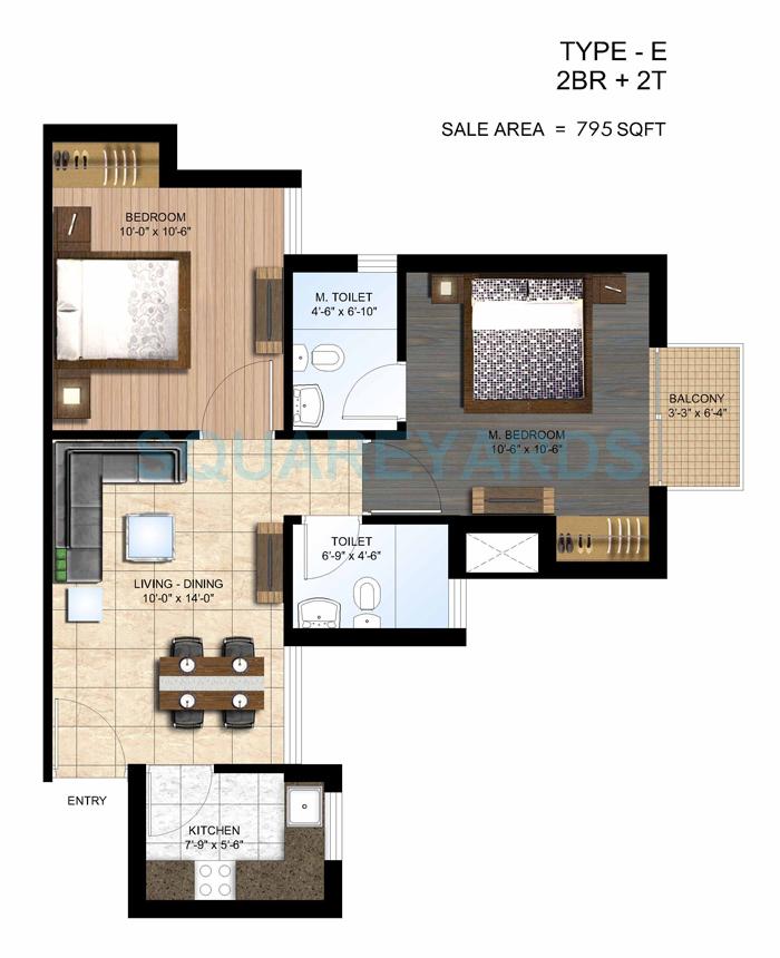 Floor plan of 2 BHK 795 Sq. Ft. Apartment in Paras Seasons, Noida