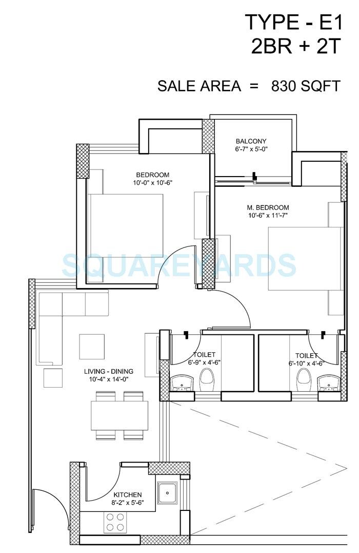Floor plan of 2 BHK 830 Sq. Ft. Apartment in Paras Seasons, Noida