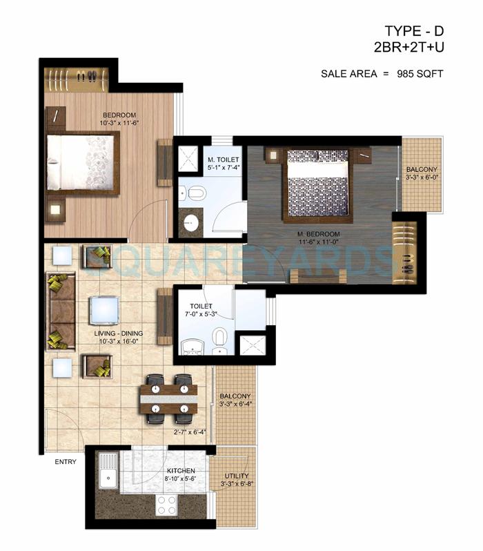 Floor plan of 2 BHK 985 Sq. Ft. Apartment in Paras Seasons, Noida