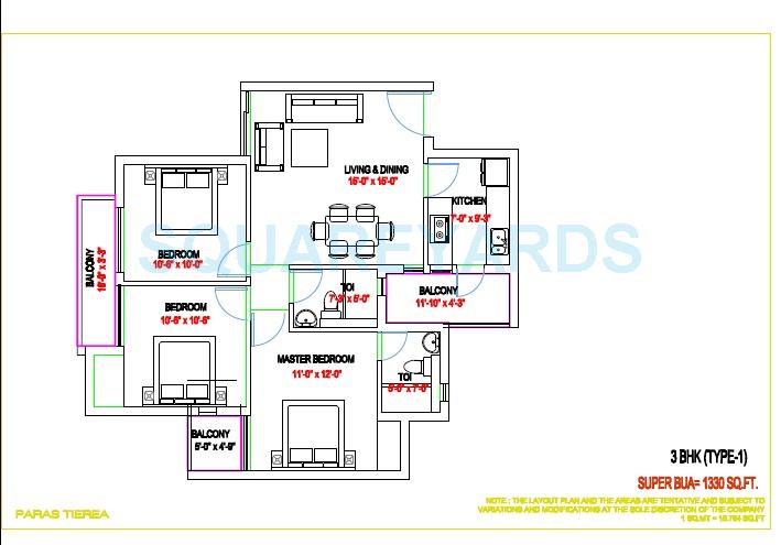 Floor plan of 3 BHK 1330 Sq. Ft. Apartment in Paras Tierea, Noida