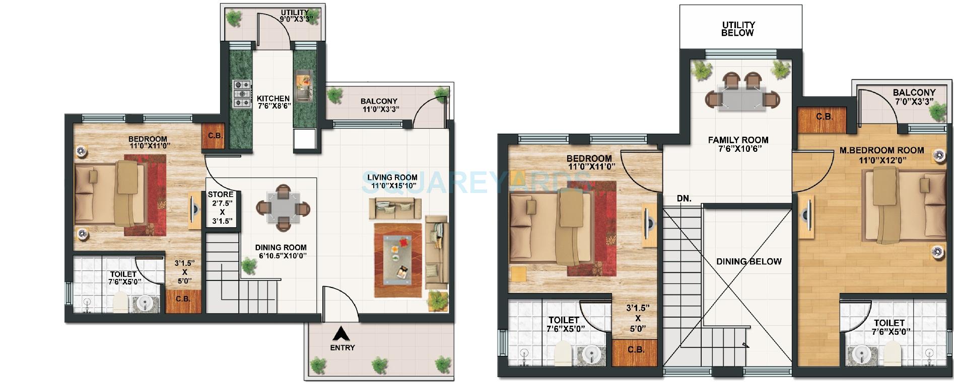 Floor plan of 3 BHK 1725 Sq. Ft. Apartment in Paras Tierea, Noida