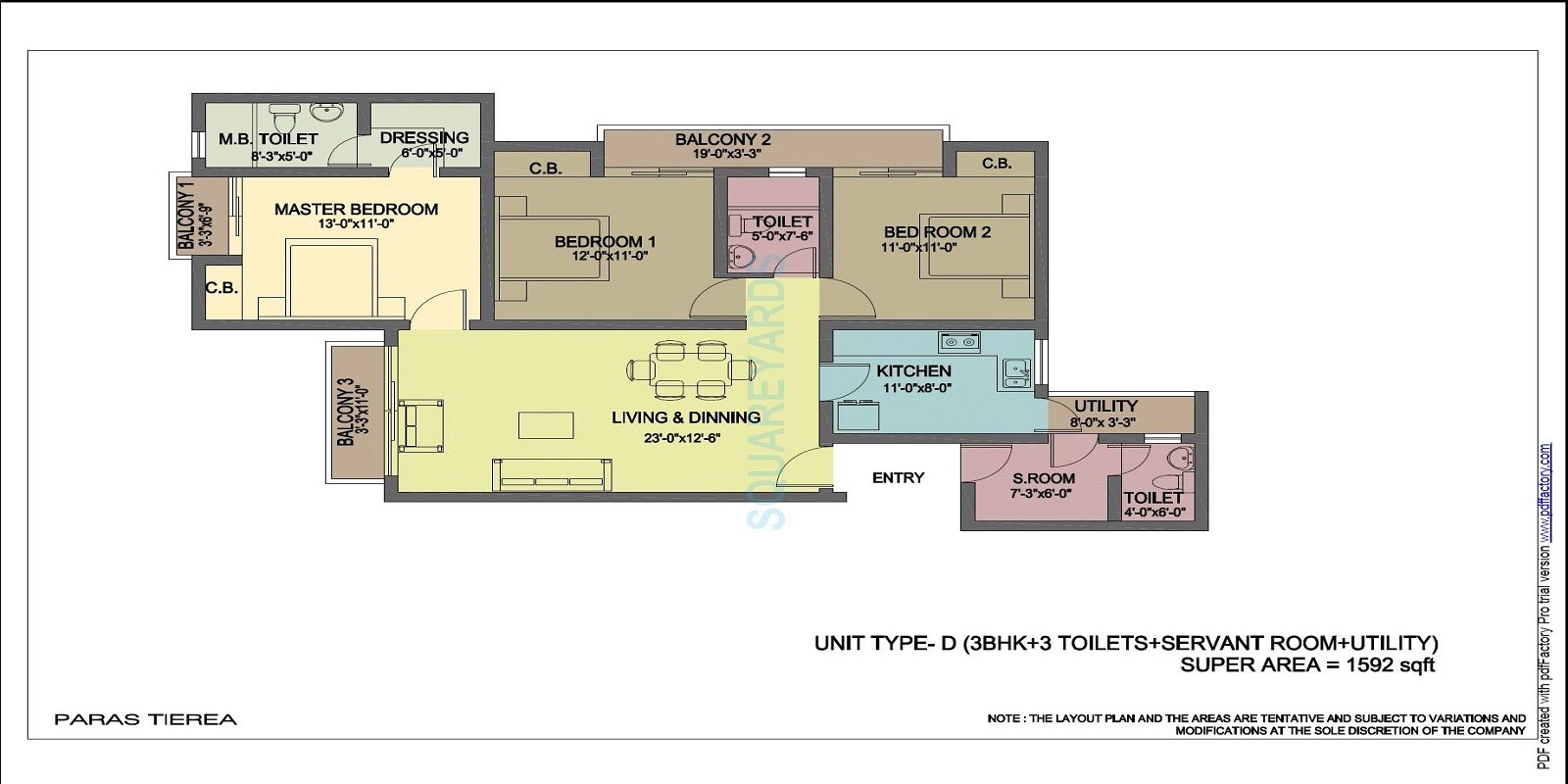 Floor plan of 3 BHK 1592 Sq. Ft. Apartment in Paras Tierea, Noida