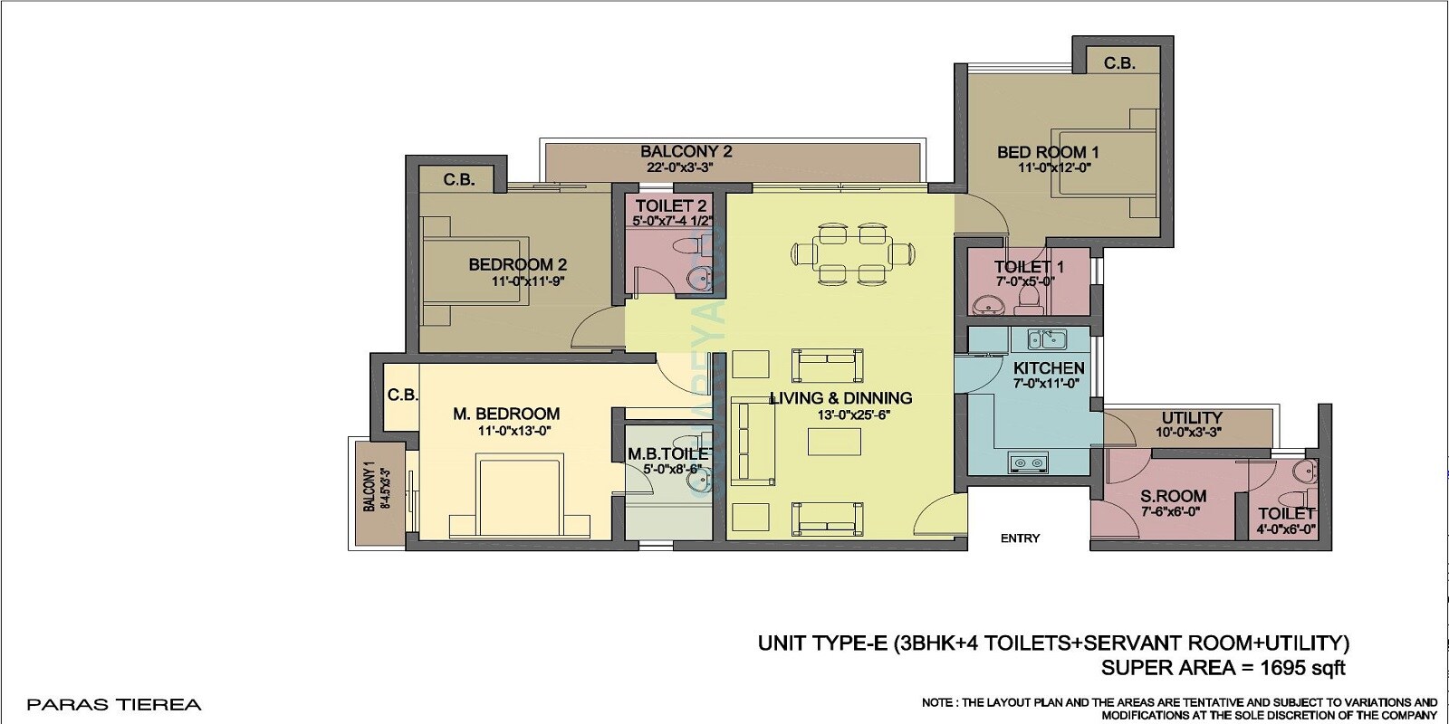 Floor plan of 3 BHK 1695 Sq. Ft. Apartment in Paras Tierea, Noida