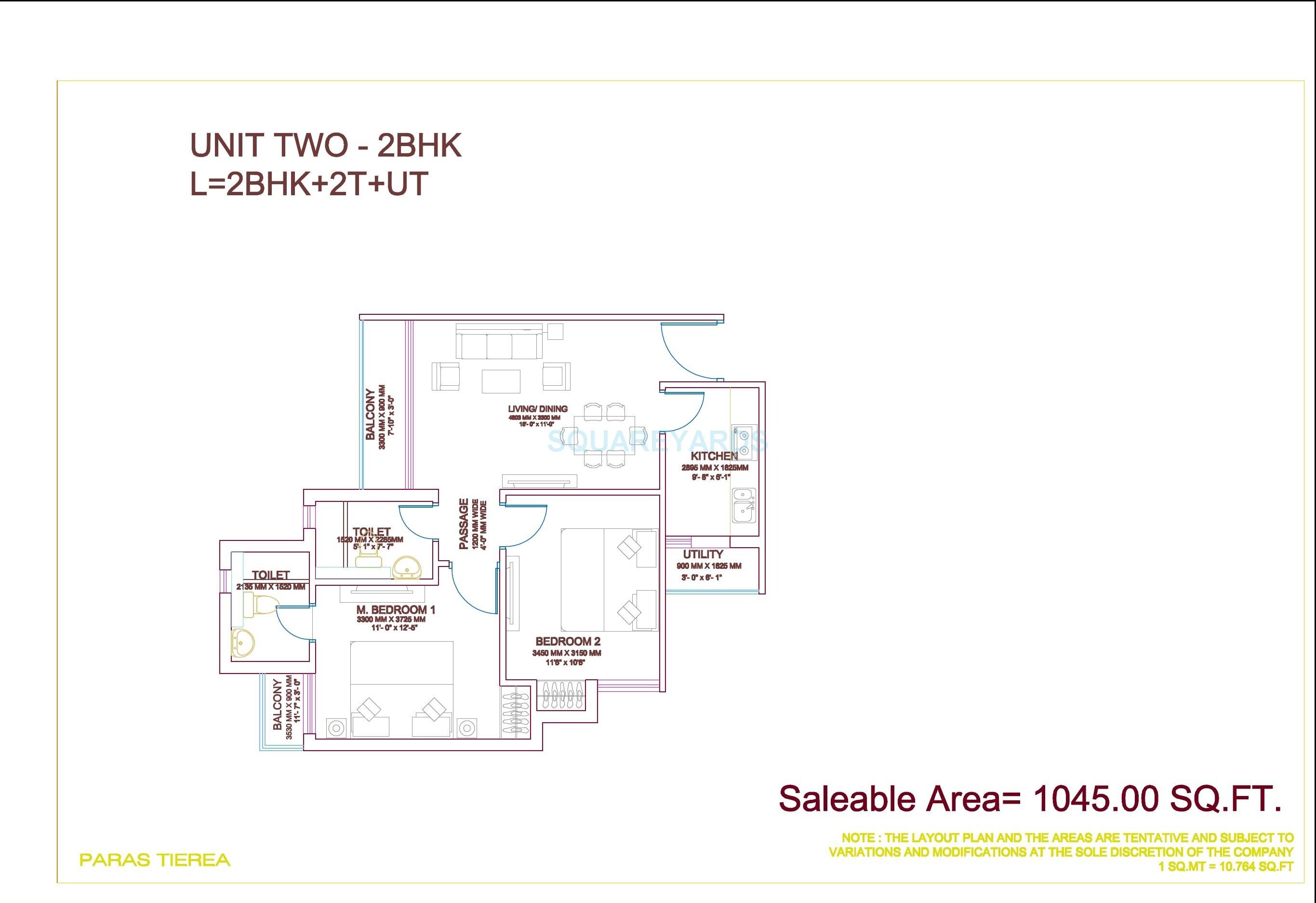 Floor plan of 2 BHK 1045 Sq. Ft. Apartment in Paras Tierea, Noida