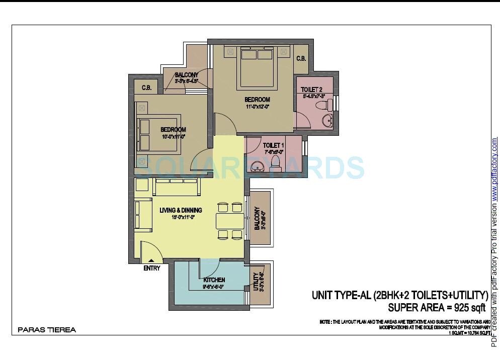Floor plan of 2 BHK 925 Sq. Ft. Apartment in Paras Tierea, Noida