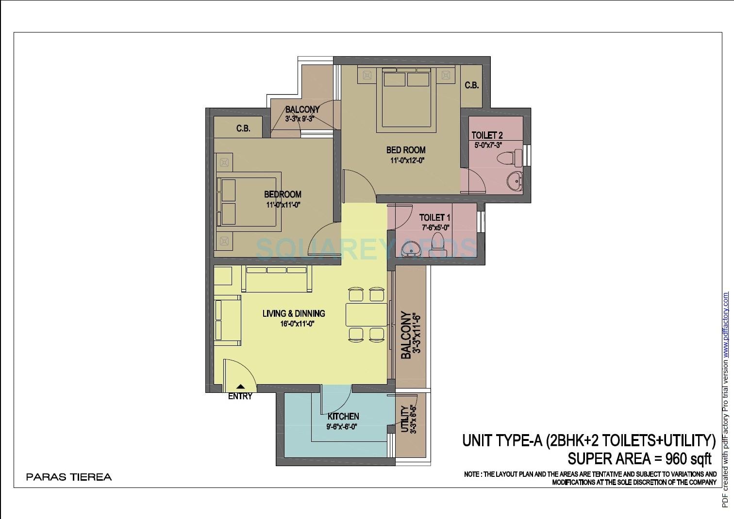 Floor plan of 2 BHK 960 Sq. Ft. Apartment in Paras Tierea, Noida