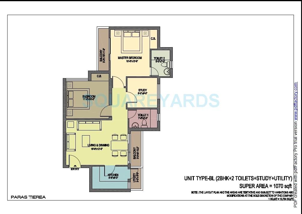 Floor plan of 2 BHK 1070 Sq. Ft. Apartment in Paras Tierea, Noida