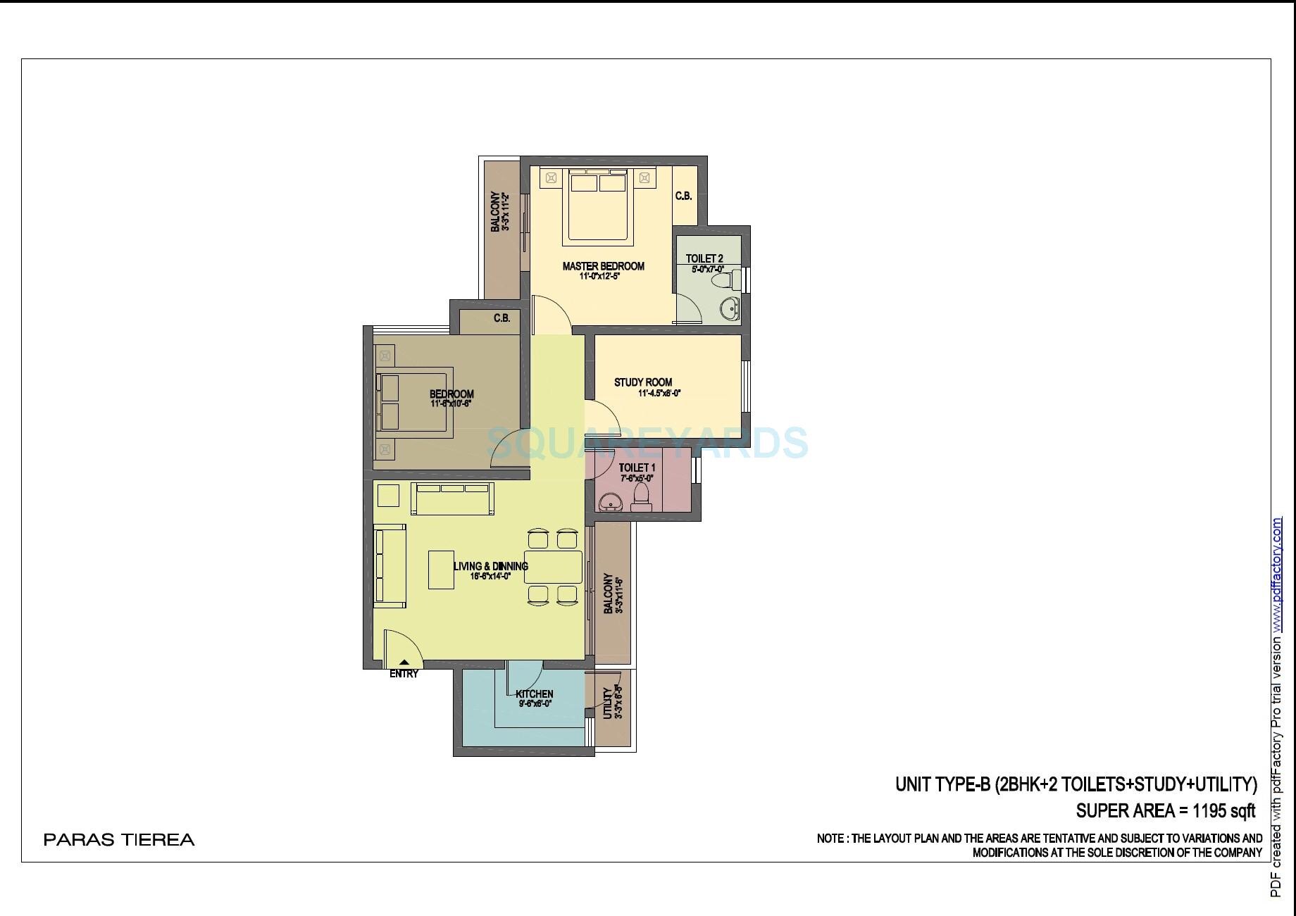 Floor plan of 2 BHK 1195 Sq. Ft. Apartment in Paras Tierea, Noida