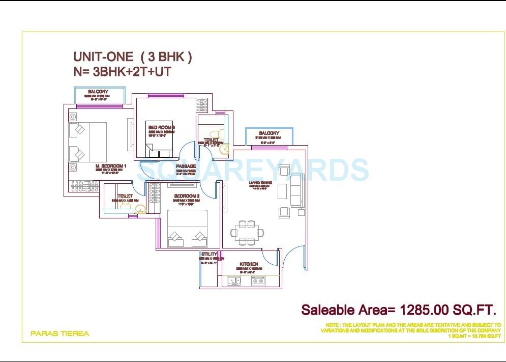 Floor plan of 3 BHK 1285 Sq. Ft. Apartment in Paras Tierea, Noida