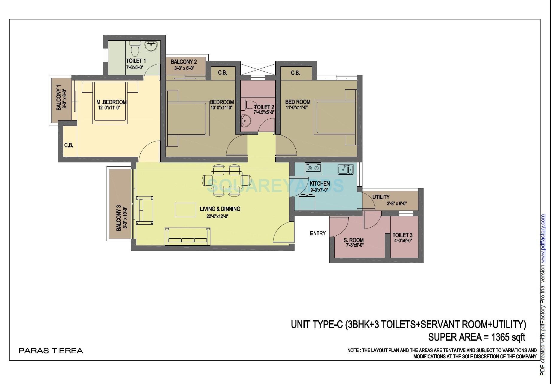 Floor plan of 3 BHK 1365 Sq. Ft. Apartment in Paras Tierea, Noida