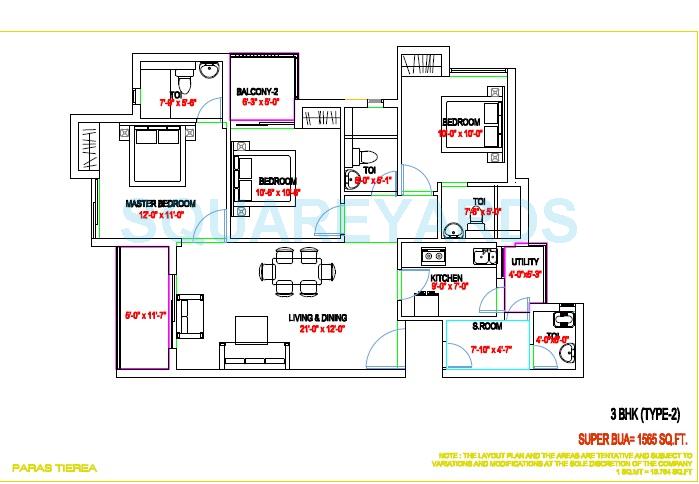 Floor plan of 3 BHK 1565 Sq. Ft. Apartment in Paras Tierea, Noida