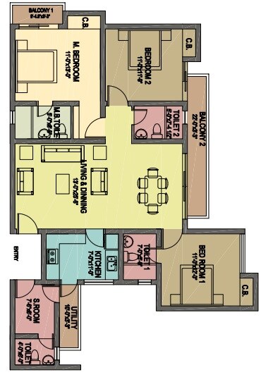 Floor plan of 3 BHK 1725 Sq. Ft. Apartment in Paras Tierea Duplex Apartments, Noida
