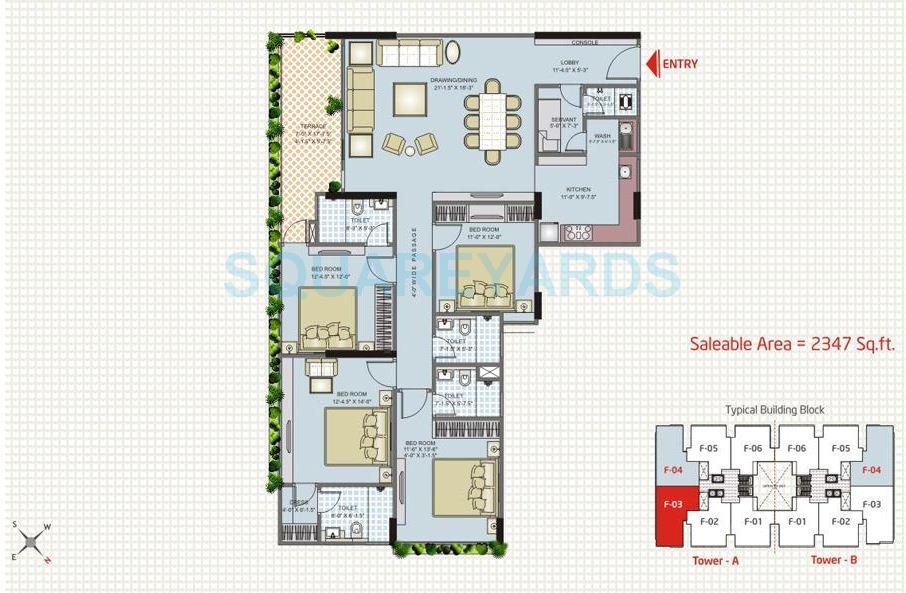 Floor plan of 4 BHK 2347 Sq. Ft. Apartment in Parsvnath Srishti, Noida
