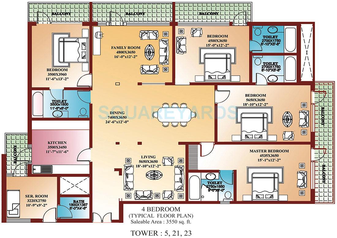 Floor plan of 4 BHK 3550 Sq. Ft. Apartment in Parsvnath Srishti, Noida
