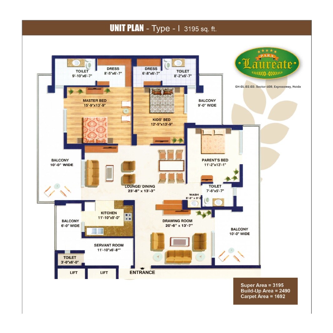 Floor plan of 3 BHK 3195 Sq. Ft. Apartment in Parx Laureate, Noida