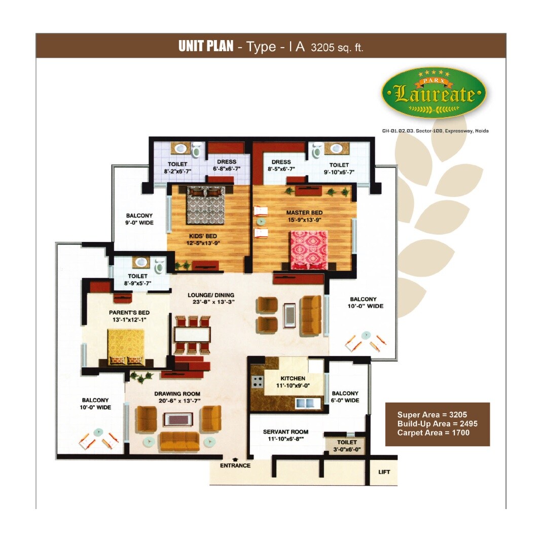 Floor plan of 3 BHK 3205 Sq. Ft. Apartment in Parx Laureate, Noida