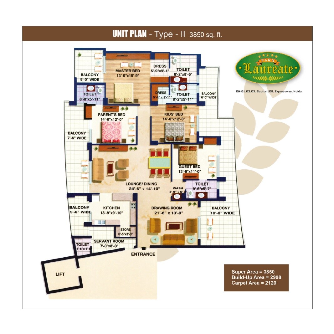 Floor plan of 4 BHK 3850 Sq. Ft. Apartment in Parx Laureate, Noida