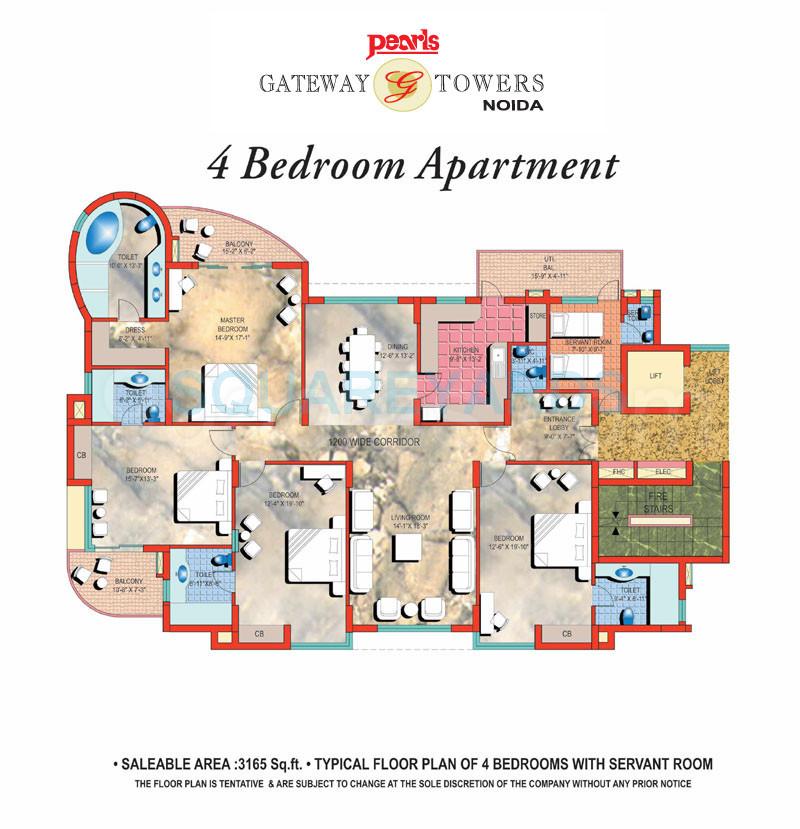 Floor plan of 4 BHK 3165 Sq. Ft. Apartment in Pearls Gateway Tower, Noida