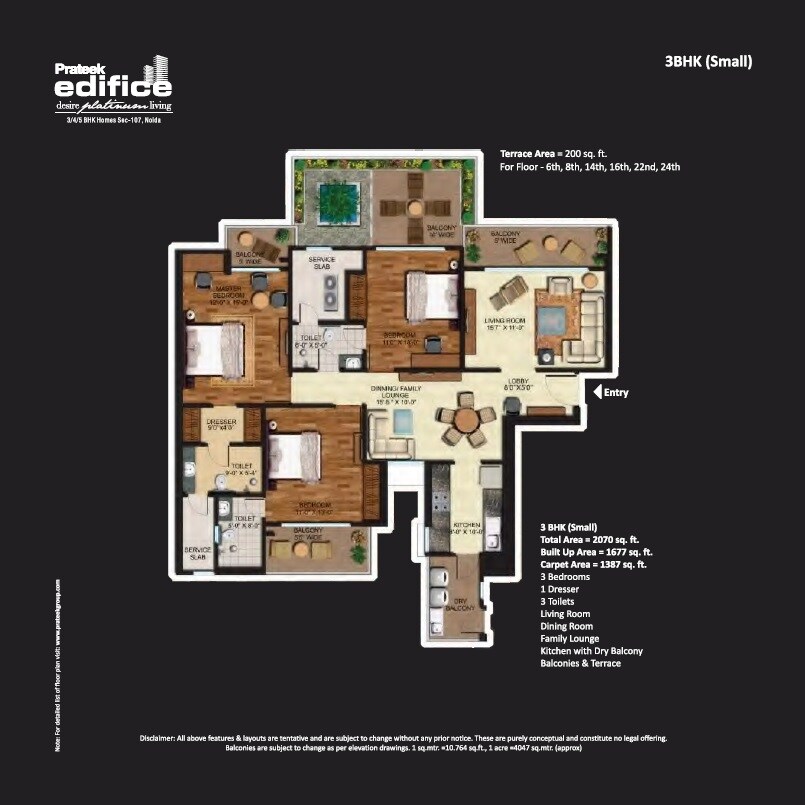 Floor plan of 3 BHK 2070 Sq. Ft. Apartment in Prateek Edifice, Noida