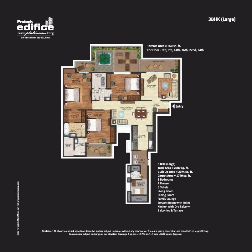 Floor plan of 3 BHK 2500 Sq. Ft. Apartment in Prateek Edifice, Noida